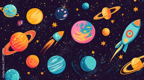 Fototapeta An illustration of various space symbols with a cosmic design and vibrant colors.