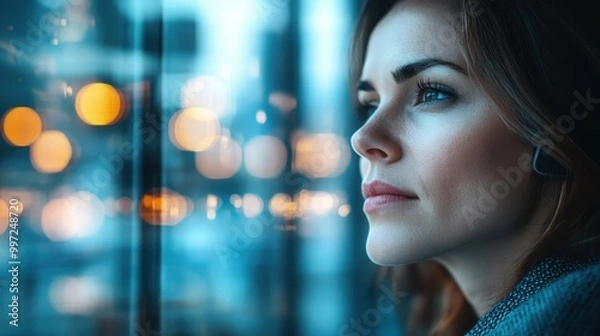 Fototapeta A woman with light brown hair gazes thoughtfully out of a window, surrounded by bokeh lights that enhance the peaceful and contemplative mood of the scene.