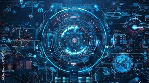 Obraz Futuristic digital interface featuring circular patterns, glowing elements, and intricate data displays, representing advanced technology and cybersecurity themes.