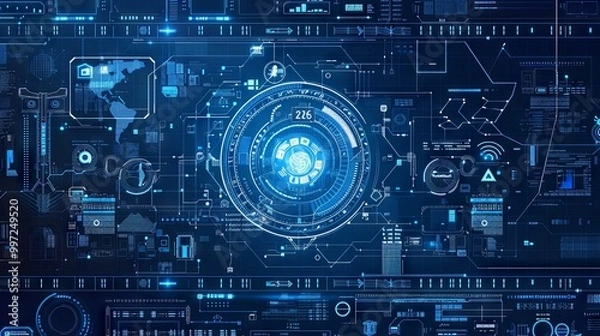Fototapeta Futuristic digital interface featuring circular patterns, glowing elements, and intricate data displays, representing advanced technology and cybersecurity themes.