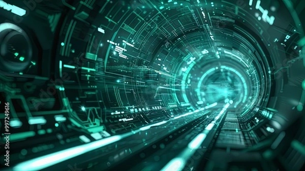 Obraz Futuristic digital interface featuring circular patterns, glowing elements, and intricate data displays, representing advanced technology and cybersecurity themes.