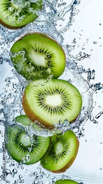 Fototapeta Fresh Kiwi Slices Dancing in a Splash of Water, Capturing the Essence of Nature's Sweetness and Vibrant Colors in Every Drop