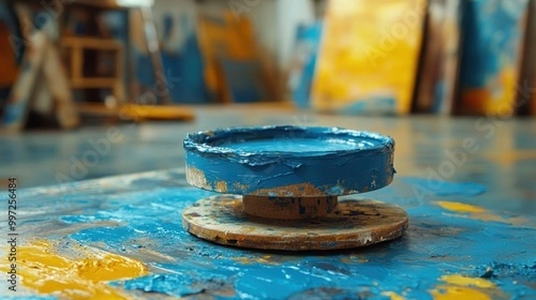 Fototapeta An artist's studio filled with vibrant blue and yellow paint on a rotating platform, capturing the essence of creativity and artistry in progress
