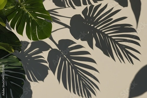 Fototapeta Tropical Leaves Realistic Shadow Effects in Sunlight on Clear Backgrounds