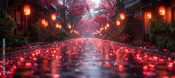 Fototapeta Falling Petal Vector Japanese New Year's Eve where the city is covered in a blanket of softly glowing sakura petals turning the streets into a river of light as they gently fall