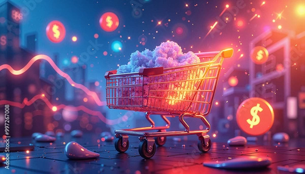 Fototapeta Creative 3D illustration of a shopping cart with clouds and dollar signs in a vibrant digital environment