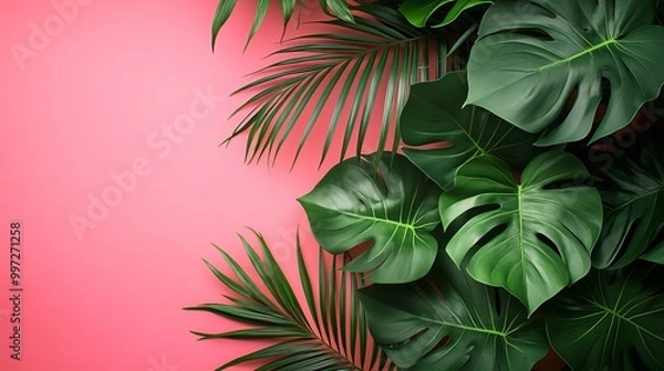 Fototapeta Isolated monstera leaves with palm branches in a dynamic composition, rich green against a striking pink background, crisp edges, and tropical essence