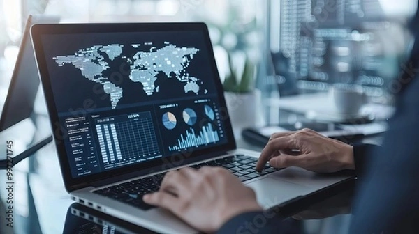 Fototapeta Business leaders reviewing international market reports for global expansion strategy, laptop screens with graphs and data, modern office environment.