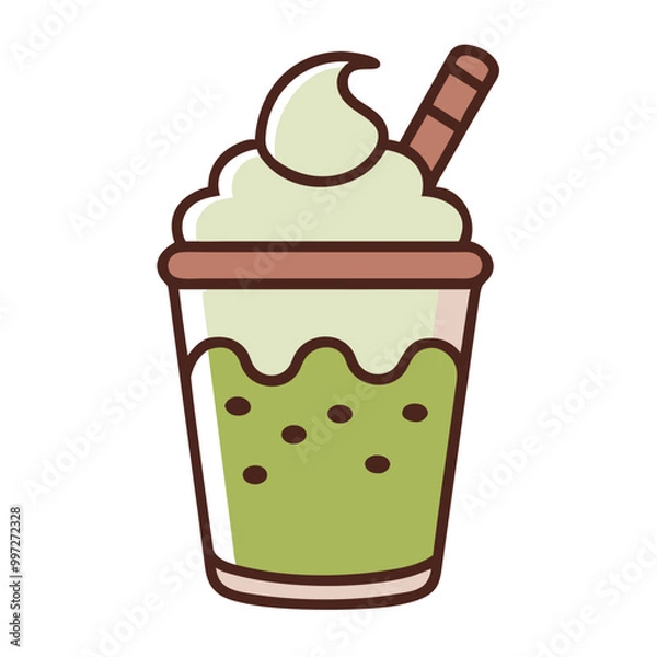 Fototapeta  Matcha Bubble Tea Vector with Whipped Cream and Straw Illustration 