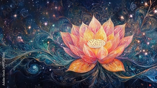 Fototapeta Cosmic lotus with radiant sacred geometry, glowing orbs, and vibrant cosmic energy
