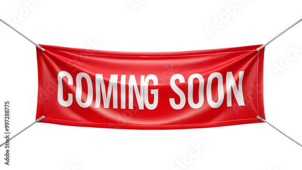 Obraz Red banner with white text announcing coming soon on a transparent or white background.