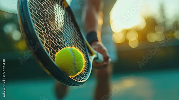 Obraz A tennis player is holding a racket with a tennis ball in it. The ball is yellow and is in the air