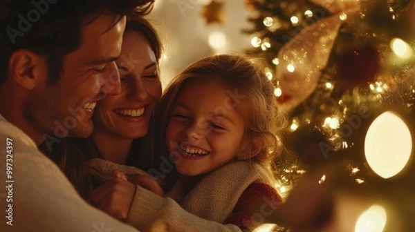 Fototapeta A Family's Warm Embrace Near a Christmas Tree
