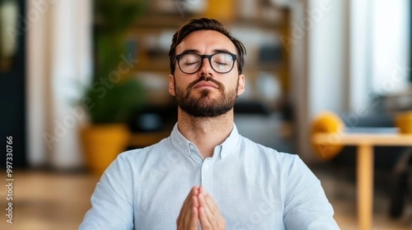 Fototapeta A man in calm indoor setting wearing casual attire, representative of tranquility and mindfulness, with hands joined in a meditative pose indicating inner peace.
