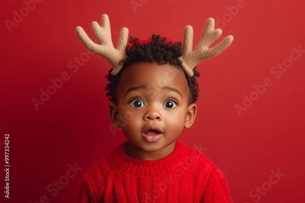 Obraz A cute little Black boy wearing reindeer horns costume and a red sweater, with an excited expression for Christmas