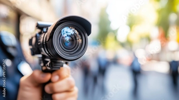 Fototapeta A photographer holds and focuses their camera, capturing the essence of city life through a lens, demonstrating the interaction between technology and art in urban photography.