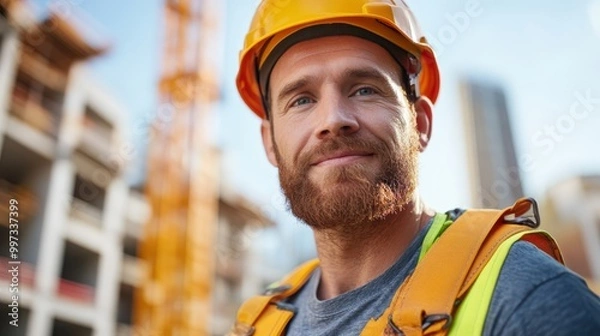 Fototapeta A confident construction worker with a beard, wearing a yellow helmet, overseeing a project site, embodying leadership, competence, and vision in construction.