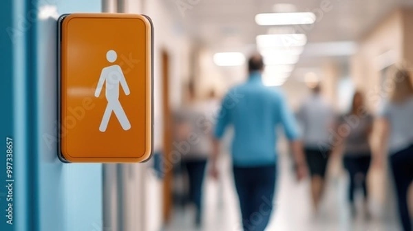 Fototapeta A bright and modern hallway with a pedestrian sign on a pole in the foreground, depicting people walking and focusing on indoor navigation, movement, and direction.