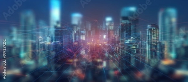 Fototapeta Cityscape with Network Lines and Lights