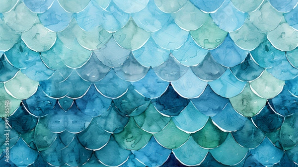 Fototapeta Abstract blue and green watercolor mermaid scales background with fish scale texture for design, print or wallpaper, in the style of vintage
