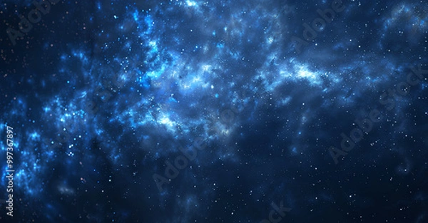 Fototapeta Abstract blue night sky with stars and glow, dark background. Dark space texture with glowing particles. Background of starry cosmos