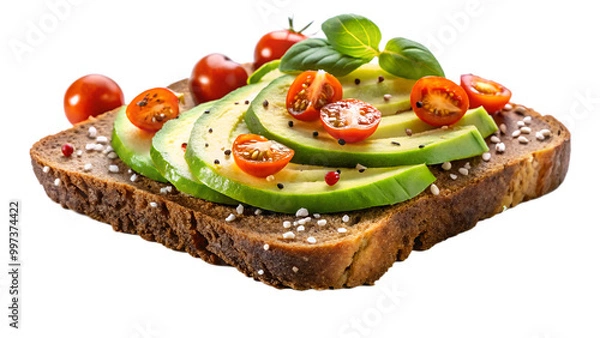 Fototapeta Fresh avocado slices arranged on toast with cherry tomatoes on a transparent background