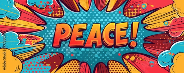 Fototapeta Eye-catching pop art background with "PEACE!" text. Modern design, Abstract graphics, Color burst vector