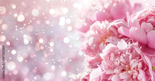 Fototapeta beautiful pastel pink peonies background with blurred bokeh lights and white glitter, romantic wedding card template design, banner for love, romance or valentine's day