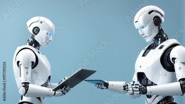 Fototapeta Two humanoid robots exchanging data on tablets in a modern setting.