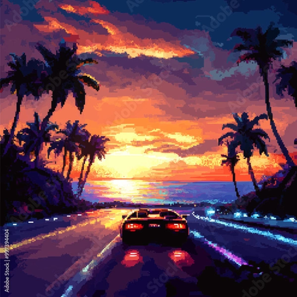 Fototapeta Pixel art of a retro-futuristic car driving down a neon-lit road with palm trees and a glowing sunset.