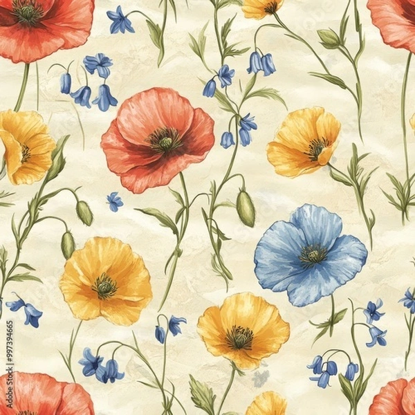 Obraz Floral Seamless Pattern with Poppies and Bluebells on Beige Background