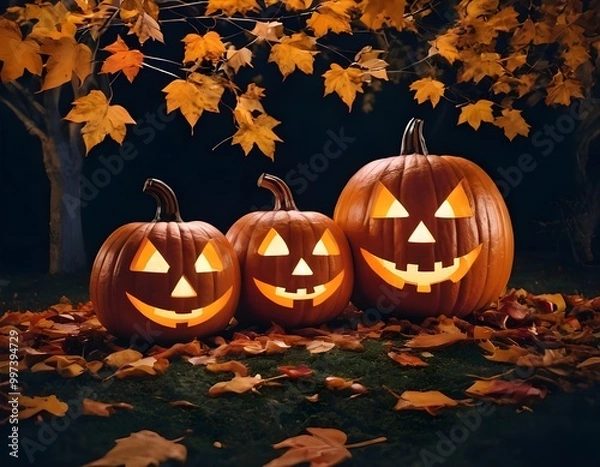 Obraz Decorative Halloween pumpkins with carved faces, autumn leaves, and a lantern