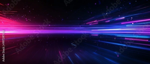 Fototapeta Modern design with blue and purple straight light track lines on a black background, conveying a technological and sophisticated look