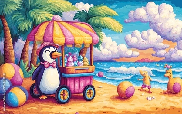 Fototapeta Whimsical cartoon scene of a penguin ice cream vendor with a bow tie and striped hat