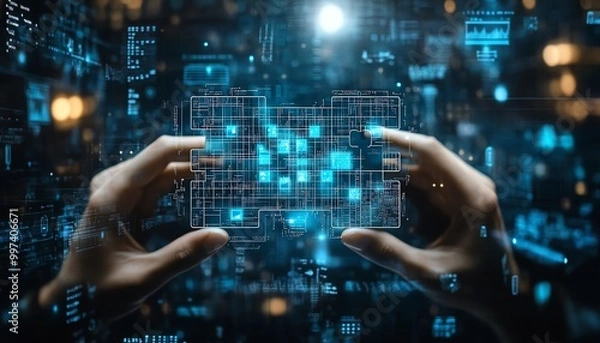 Obraz Problem solving strategy technique and solution concept, Person holding jigsaw icon with text problem solving on virtual screen