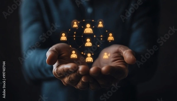 Obraz Customer relationship management concept Target audience, marketing plan and strategies Businessman holding target icon linked with human icons for customer focus group