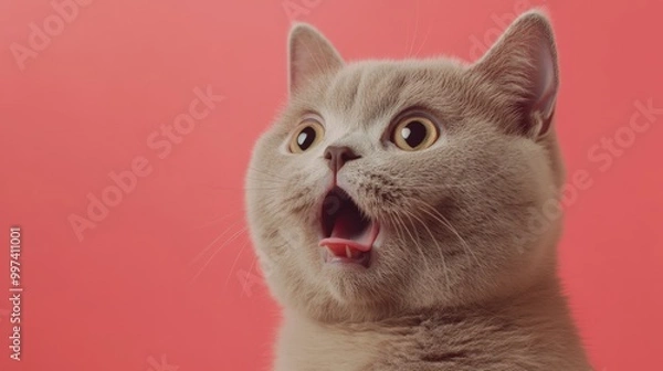 Fototapeta Surprised Lilac British Cat, a lilac British cat gazing upward with a startled expression, set against a vibrant coral background, capturing a moment of feline astonishment.