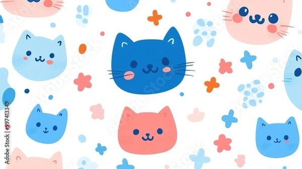 Fototapeta Cute cat faces in a playful pattern design.