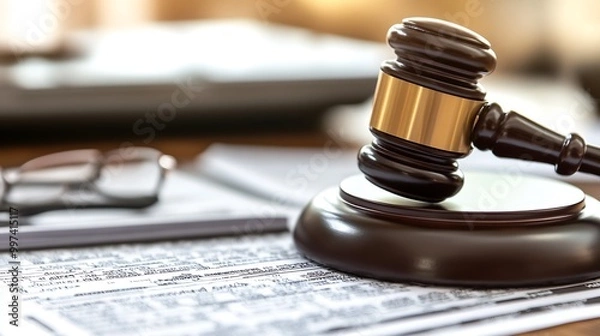 Fototapeta a scene with a judge's gavel placed on an open law book, : Generative AI