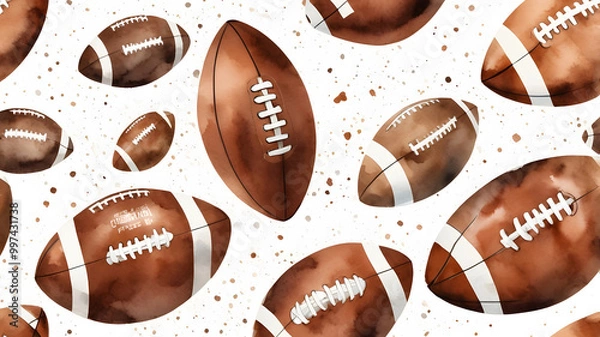 Fototapeta Hand drawn watercolor seamless pattern American football balls. Repeated background in retro style. Sport pattern.