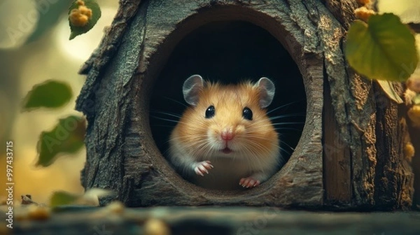 Fototapeta A tiny hamster peeking out of its little house, looking out with wide, curious eyes.