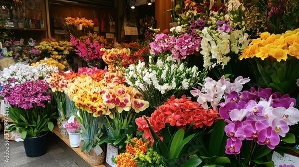 Fototapeta Orchids in full bloom displayed at a flower shop, enticing customers with their beauty.