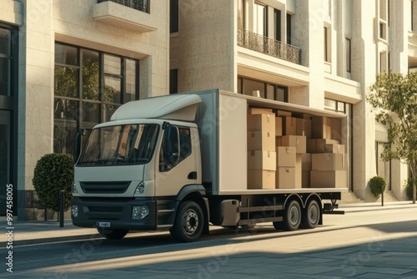 Fototapeta Delivery truck parked on the street with open doors, revealing packed boxes ready for transport during daylight
