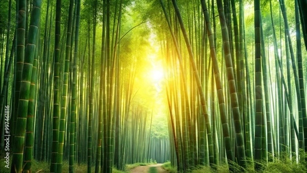Fototapeta A sunlit path leading through a dense bamboo forest, creating a serene and tranquil atmosphere