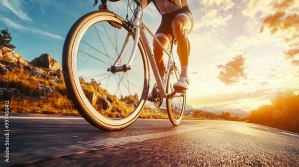 Obraz A cyclist's strong legs pedaling uphill, embodying the concept of Olympic-level strength and endurance in summer.
