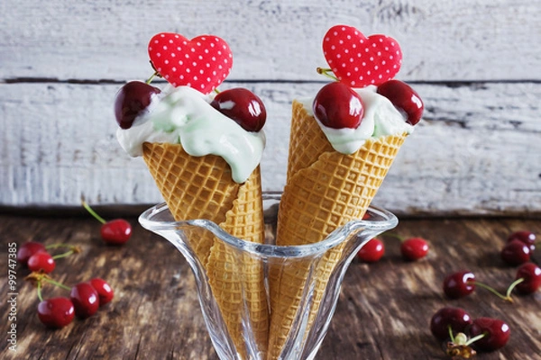Obraz homemade peppermint ice cream with fresh cherry
