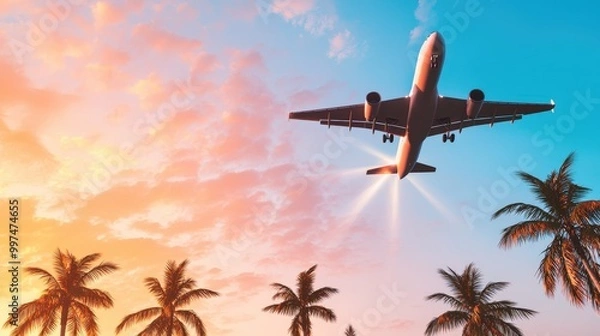 Fototapeta Airplane Flying Over Palm Trees at Sunset   Travel and Vacation Concept