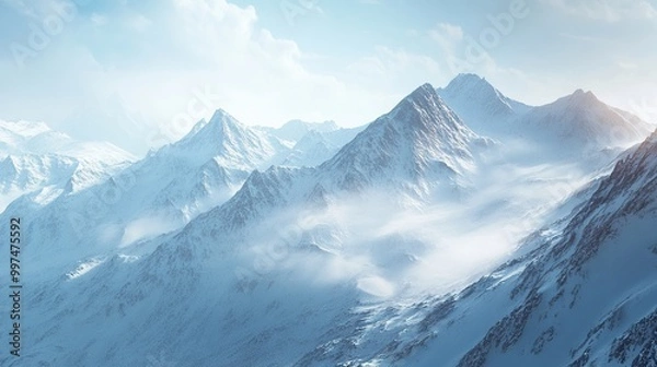 Fototapeta Snowy mountain landscape with mist and clouds.
