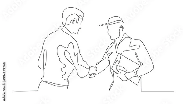 Obraz continuous line drawing of customer satisfaction.one line drawing of customer shaking hands with mechanic.one line vector illustration on white background