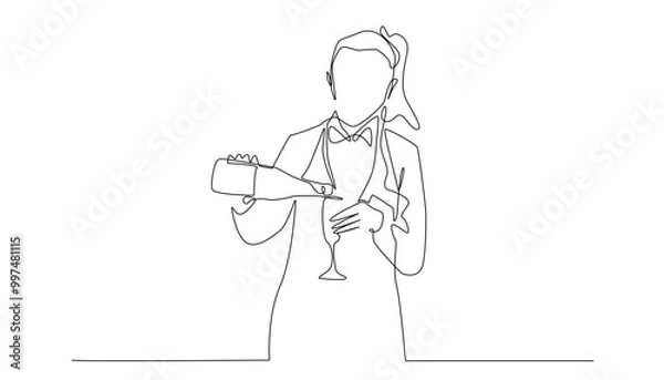 Fototapeta continuous line drawing of female waiter pouring drinks into glasses.one line drawing of woman cafe worker,pouring wine for customers.one line vector illustration